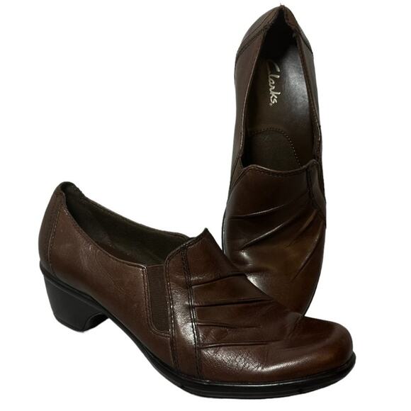 Clarks Partridge Brown Leather Slip-On Block Heel Comfort Loafers 89488 Sz 7.5 - Picture 2 of 10